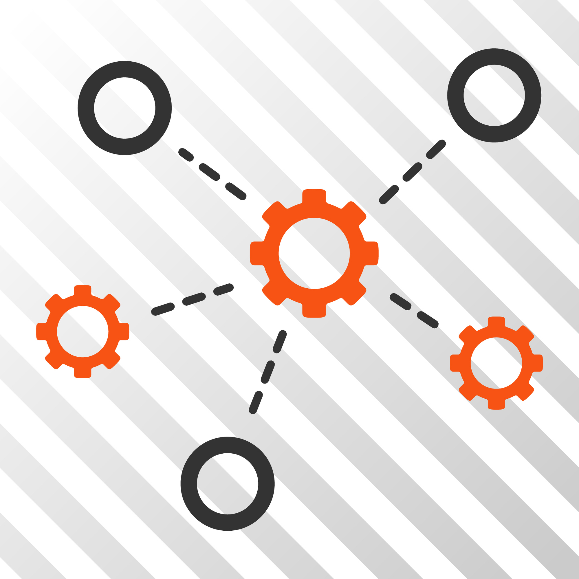 Orange And Gray Gears Relations interface pictogram. Vector pictograph style is a flat bicolor symbol on diagonal hatch transparent background.