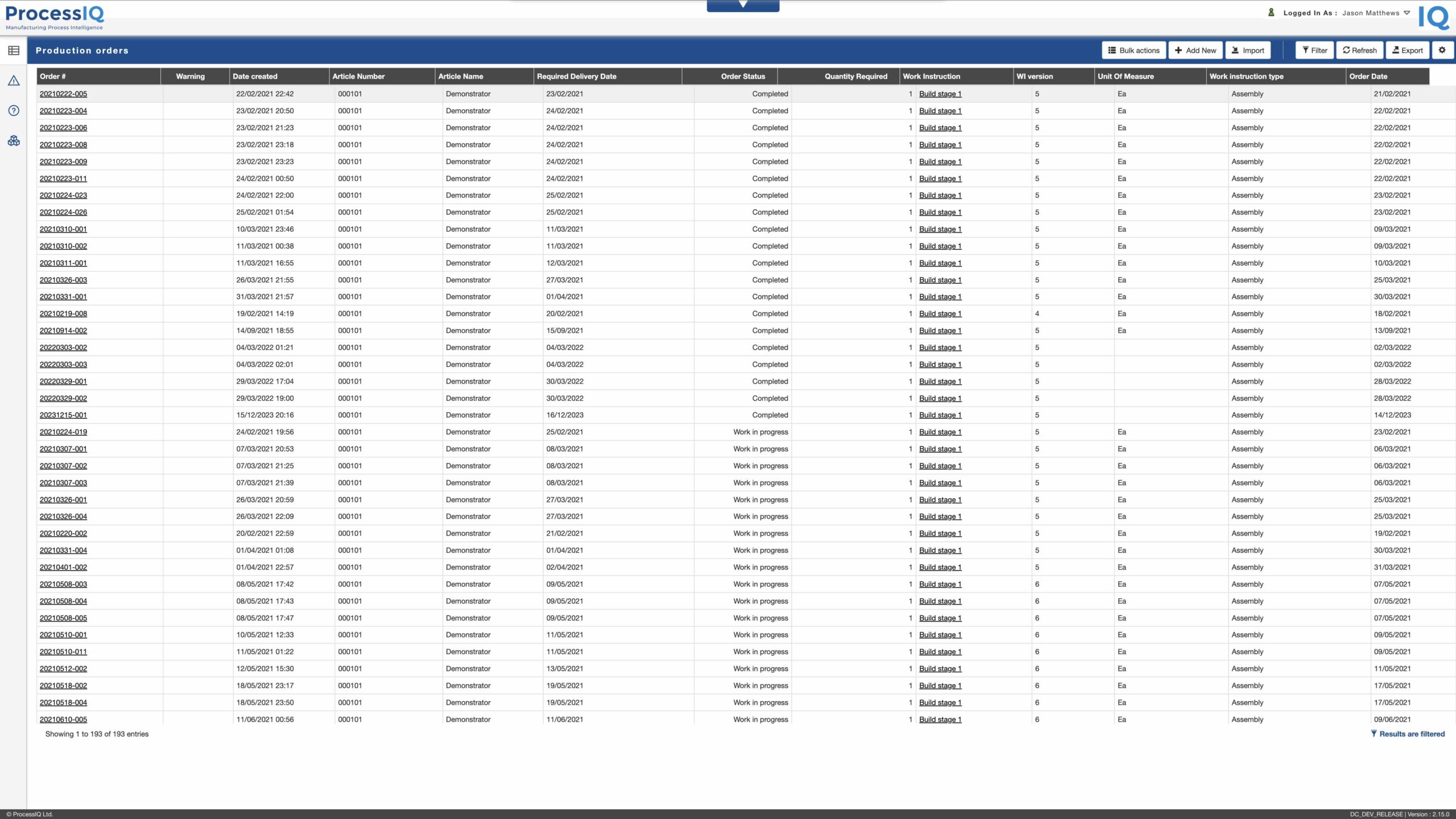 Production order management for manufacturing execution and electronic work instructions